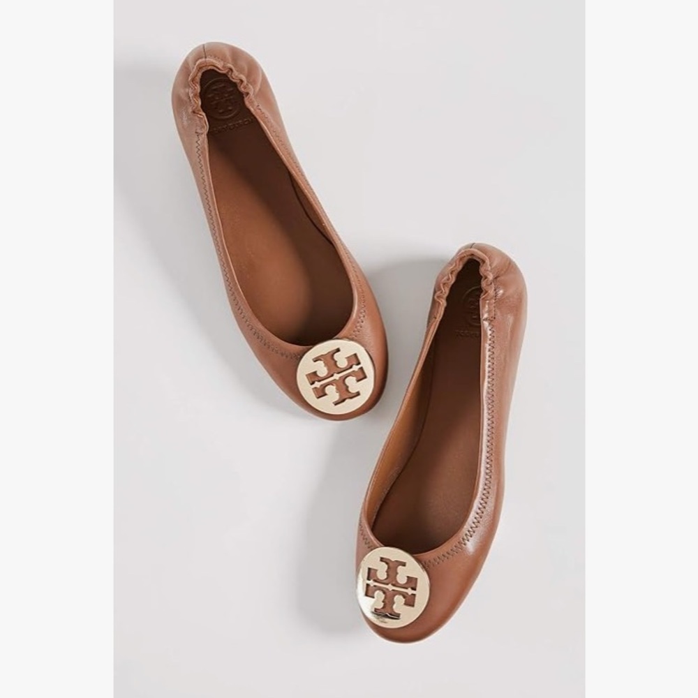 Tory Burch minnie leather round toe gold logo ballet flats GUC size 10